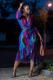 Blue Fashion Sexy Cap Sleeve Half Sleeves V Neck A-Line Mid-Calf asymmetrical Print ruffle Patc