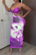 Purple Sexy Print Hollowed Out Spaghetti Strap Pencil Skirt Dresses