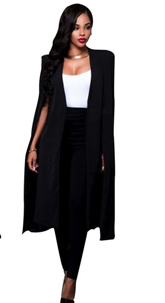 Black Notched Solid None Long Blazer & Suits &Jacket