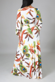 White Casual Print Draw String V Neck Cake Skirt Dresses