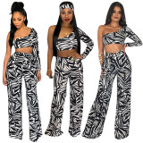 Black Elastic Fly Mid Print Loose Pants Two-piece suit