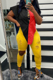 Red Yellow Fashion Casual Patchwork Asymmetrical Turndown Collar Tops
