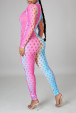 Multicolor Sexy Patchwork Hollowed Out Tie-dye Half A Turtleneck Skinny Jumpsuits