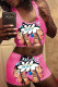 Rose Red Casual Sportswear Sleeveless U Neck Tank Short Print Two Pieces