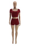 Red Casual Solid Patchwork O Neck Short Sleeve Two Pieces