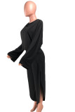 Black Casual Solid Split crop top Loose Long Sleeve Two Pieces