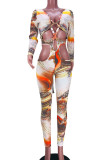 Orange Sexy Print Hollowed Out Patchwork Frenulum V Neck Skinny Jumpsuits