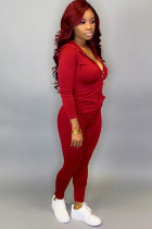 Wine Red Fashion adult Active Casual Lightly cooked Zippered Two Piece Suits pencil Long Sleeve