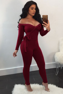 Wine Red Long Sleeve Mid bandage Solid pencil Pants 