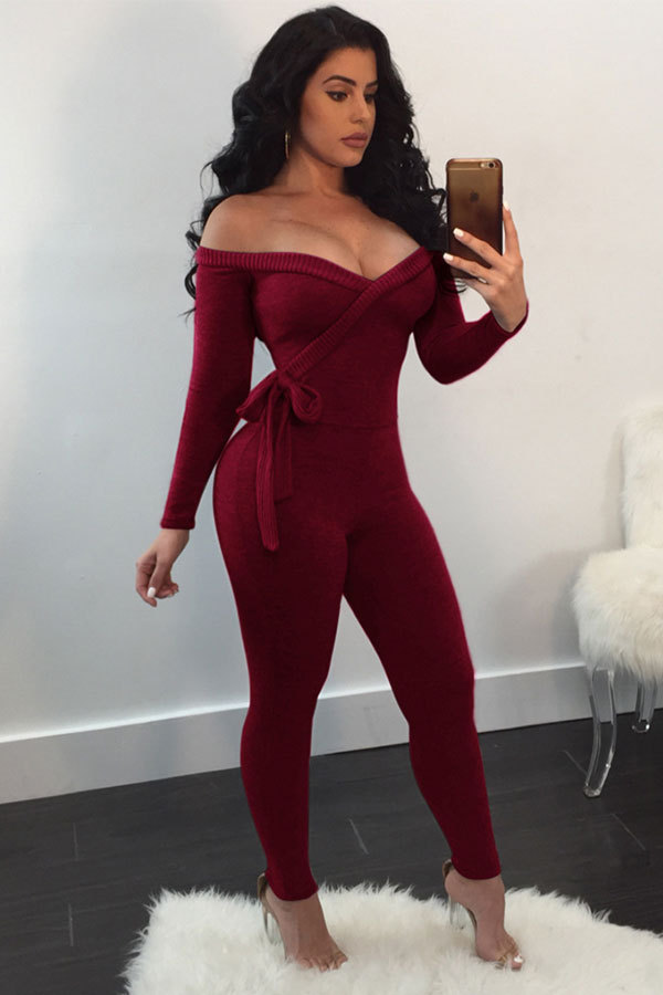 Wine Red Long Sleeve Mid bandage Solid pencil Pants 