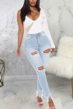 Baby Blue Sexy Solid Ripped High Waist Skinny Denim