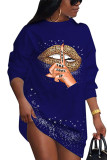Blue Casual Print O Neck Long Sleeve Mini Pencil Skirt Dresses