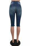 Sky Blue Button Fly High Hole Solid Asymmetrical Pocket Skinny Capris Shorts