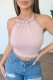 Pink Sexy Solid Patchwork Frenulum Flounce Halter Tops