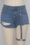 Blue Denim Button Fly Zipper Fly Mid Pocket Zippered washing Straight shorts Shorts