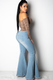 Blue Denim Button Fly Zipper Fly High Zippered Solid washing Pocket Boot Cut Pants Pants