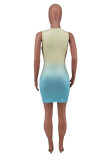 Yellow And Blue Fashion Sexy Gradual Change Print O Neck Sleeveless Dress