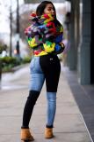 Green Turtleneck Camouflage Print Zippered Patchwork Spandex Print Long Sleeve Blazer & Suits &Jacket