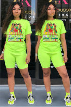 Fluorescent green Fashion Casual adult Letter Patchwork Print Two Piece Suits Straight Short Sleeve Two Pieces