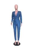 Blue Fashion Sexy bandage Asymmetrical Solid The cowboy Long Sleeve V Neck Jumpsuits