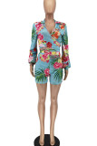 Cyanine Casual Print Bandage Patchwork V Neck Long Sleeve Two Pieces
