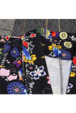 Black venetian Casual Patchwork Print Two Piece Suits Straight Long Sleeve Two-piece Pants Set