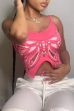 Rose Red Fashion Sexy Print Backless Asymmetrical Spaghetti Strap Tops