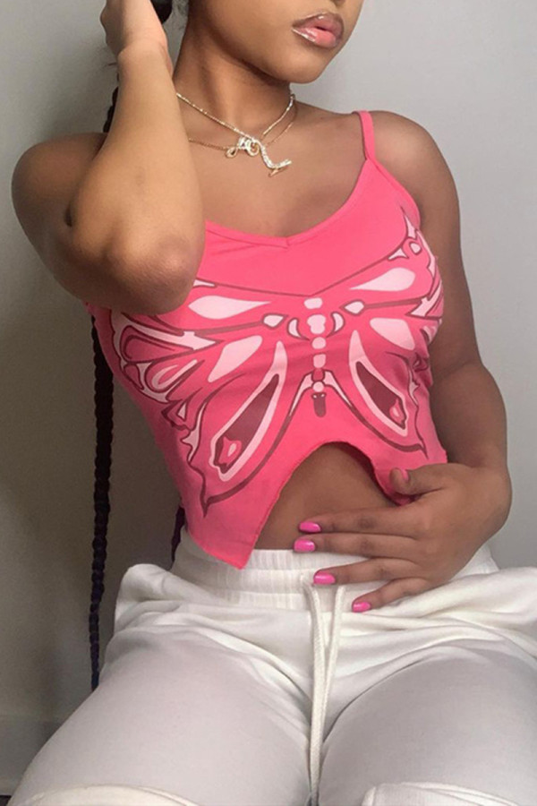 Rose Red Fashion Sexy Print Backless Asymmetrical Spaghetti Strap Tops