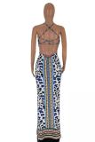 Brown Fashion Sexy Spaghetti Strap Sleeveless Slip Step Skirt Floor-Length Leopard macrame split
