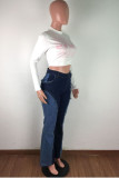 Blue Work Daily Solid Patchwork Mid Waist Regular Jeans