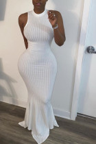 White Lightly cooked Sleeveless O neck Swagger Floor-Length Solid Dresses