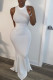 White Lightly cooked Sleeveless O neck Swagger Floor-Length Solid Dresses