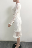 White Sexy Solid Hollowed Out V Neck Cake Skirt Dresses