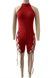 Red Sexy Solid Hollowed Out Backless Halter Skinny Romper