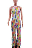 Colour Elegant Print Patchwork Frenulum O Neck Straight Jumpsuits