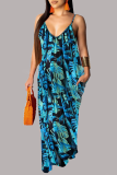 Blue Sexy Print Patchwork Spaghetti Strap Straight Dresses