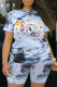 Camouflag Gray Fashion Casual O Neck Tie Dye Plus Size