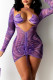 Purple Sexy Print Hollowed Out Patchwork V Neck Pencil Skirt Dresses