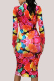 Yellow Fashion Casual Adult Print Patchwork O Neck Long Sleeve Knee Length A Line Dresses
