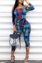 Blue Drawstring Mid Print Skinny Capris Jumpsuits & Rompers