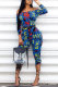 Blue Drawstring Mid Print Skinny Capris Jumpsuits & Rompers