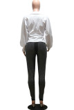 White Solid Patchwork V Neck Mid Waist Tops