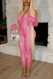 Blue Fashion Casual Solid V Neck Regular Jumpsuits