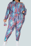 Multi-color Fashion Casual Print Patchwork Oblique Collar Long Sleeve Two Pieces