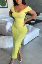 Yellow Elegant Solid Patchwork Fold Square Collar Pencil Skirt Dresses