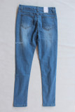 Dark Blue Fashion Casual Solid Ripped High Waist Jeans