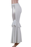 White Elastic Fly Mid Sequin Solid Loose Pants