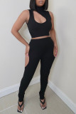Burgundy Sexy Casual Solid Hollowed Out Turtleneck Sleeveless Two Pieces