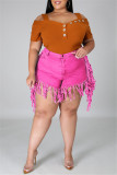 Rose Red Fashion Casual Solid Tassel Plus Size Jeans