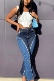 Blue Work Daily Solid Patchwork Mid Waist Regular Jeans